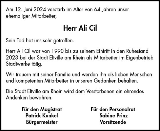 Traueranzeige von Ali Cil von Rheingau Kurier