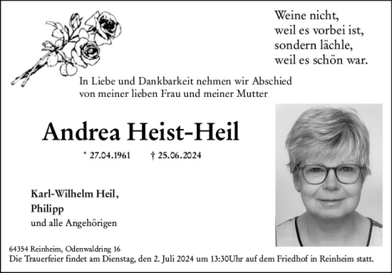 Traueranzeige von Andrea Heist-Heil von Darmstädter Echo