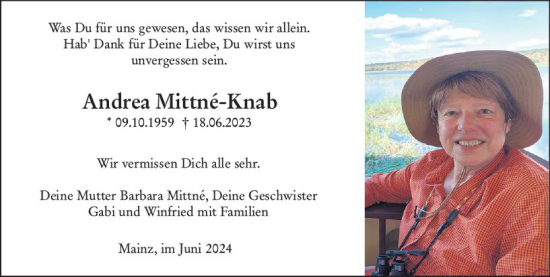 Traueranzeige von Andrea Mittne-Knab von Allgemeine Zeitung Mainz