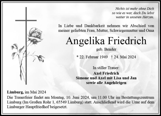 Traueranzeige von Angelika Friedrich von Nassauische Neue Presse