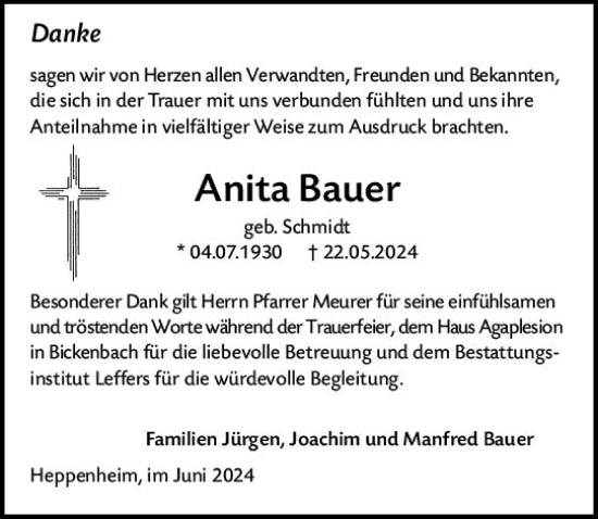 Traueranzeige von Anita Bauer von Starkenburger Echo