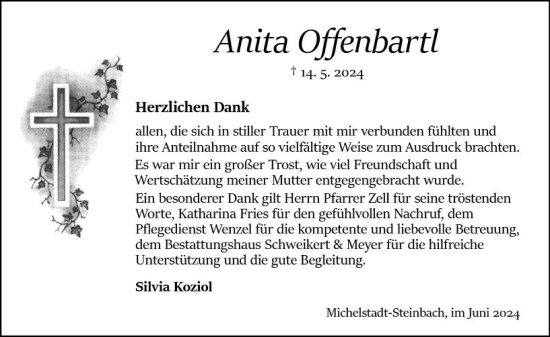 Traueranzeige von Anita Offenbartl von Odenwälder Echo
