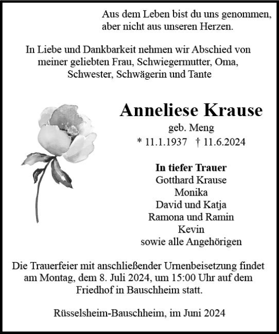 Traueranzeige von Anneliese Krause von Rüsselsheimer Echo