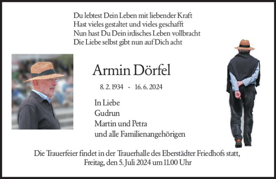 Traueranzeige von Armin Dörfel von Darmstädter Echo