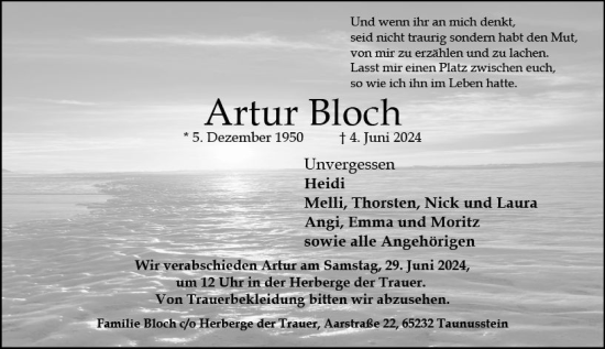 Traueranzeige von Artur Bloch von Wiesbadener Kurier