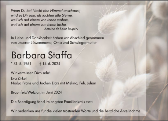 Traueranzeige von Barbara Staffa von Wetzlarer Neue Zeitung