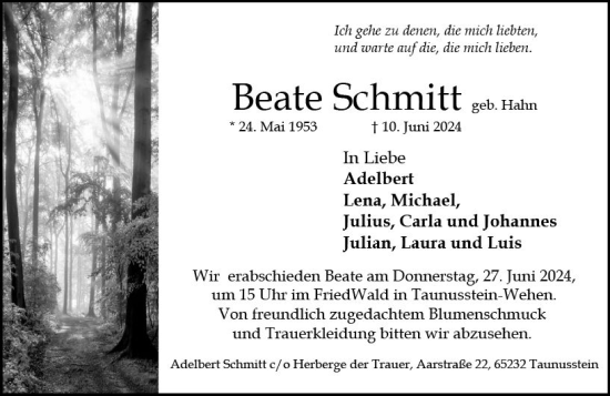 Traueranzeige von Beate Schmitt von Wiesbadener Kurier