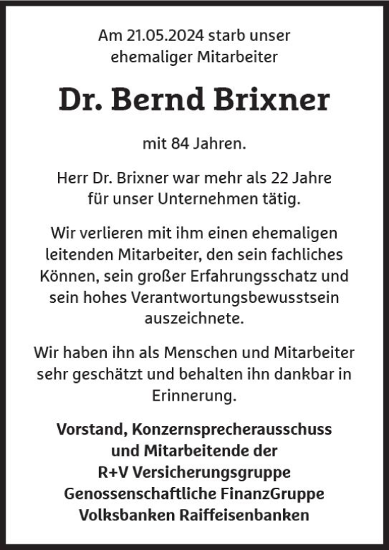 Traueranzeige von Bernd Brixner von Wiesbadener Kurier