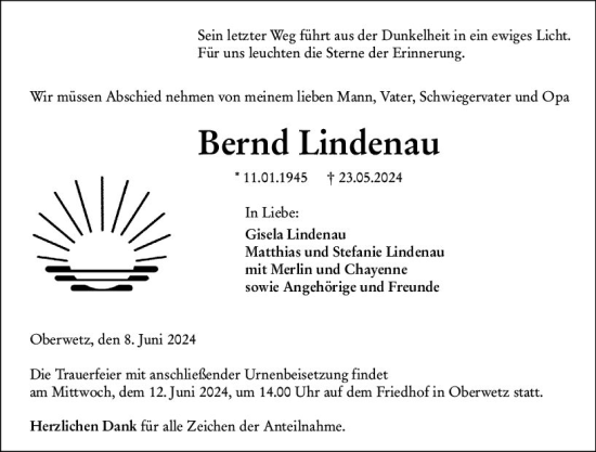 Traueranzeige von Bernd Lindenau von Wetzlarer Neue Zeitung