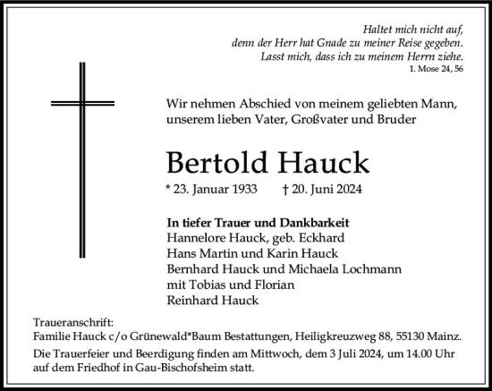 Traueranzeige von Bertold Hauck von Allgemeine Zeitung Mainz