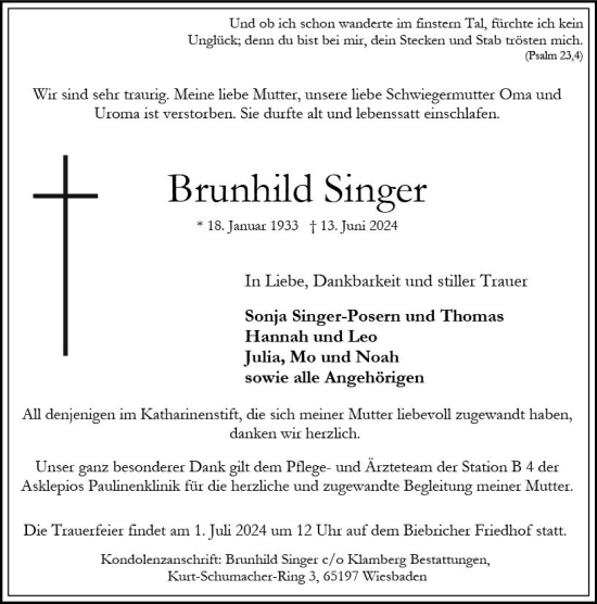 Traueranzeige von Brunhild Singer von Wiesbadener Kurier