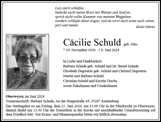 Traueranzeige von Cäcilie Schuld von Nassauische Neue Presse