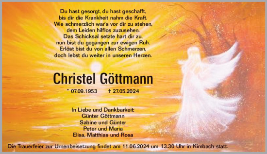 Traueranzeige von Christel Göttmann von Odenwälder Echo
