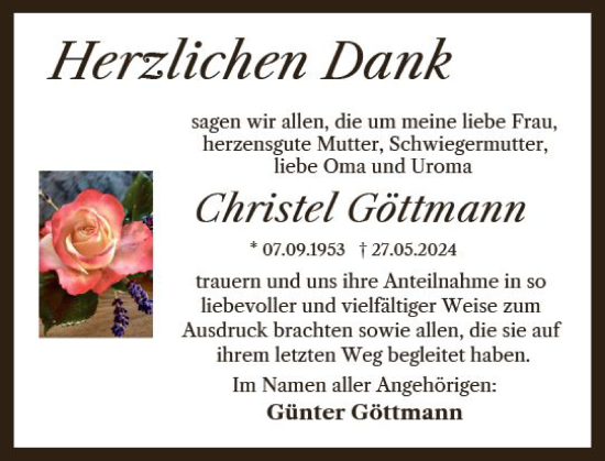 Traueranzeige von Christel Göttmann von Odenwälder Echo