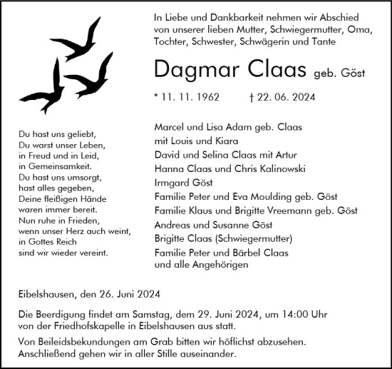 Traueranzeige von Dagmar Claas von Dill Block