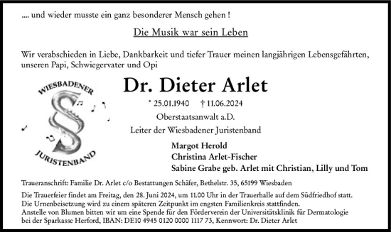 Traueranzeige von Dieter Arlet von Wiesbadener Kurier