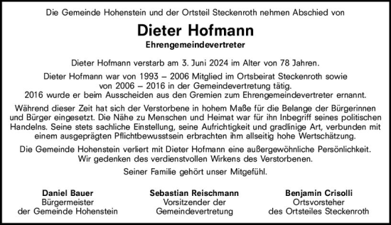 Traueranzeige von Dieter Hofmann von Idsteiner Land/Untertaunus