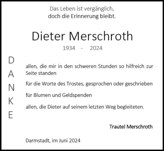 Traueranzeige von Dieter Merschroth von Darmstädter Echo