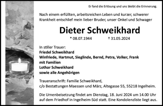Traueranzeige von Dieter Schweikhard von Allgemeine Zeitung Bingen/Ingelheim