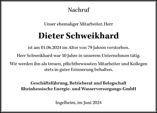 Traueranzeige von Dieter Schweikhard von Allgemeine Zeitung Bingen/Ingelheim