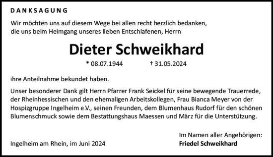 Traueranzeige von Dieter Schweikhard von Allgemeine Zeitung Bingen/Ingelheim