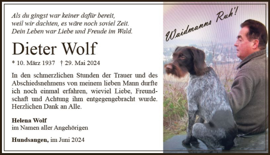 Traueranzeige von Dieter Wolf von Weilburger Tageblatt