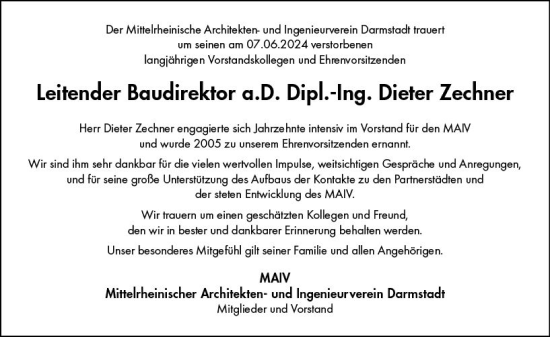 Traueranzeige von Dieter Zechner von Darmstädter Echo