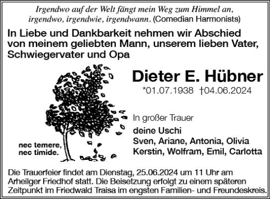 Traueranzeige von Dieter E. Hübner von Darmstädter Echo
