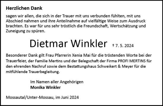 Traueranzeige von Dietmar Winkler von Odenwälder Echo