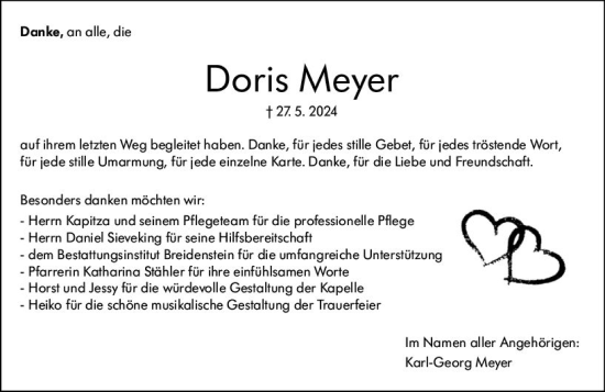 Traueranzeige von Doris Meyer von Hinterländer Anzeiger