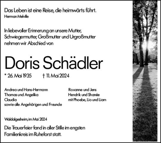Traueranzeige von Doris Schädler von Binger-/Ingelheimer Wochenblatt