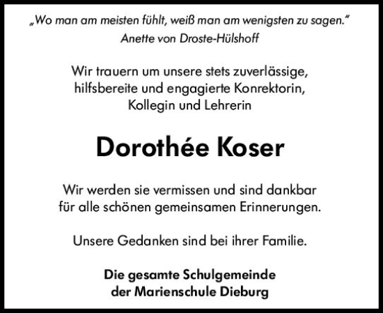 Traueranzeige von Dorothée Koser von Dieburger Anzeiger/Groß-Zimmerner Lokal-Anzeiger