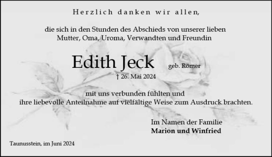 Traueranzeige von Edith Jeck von Wiesbadener Kurier