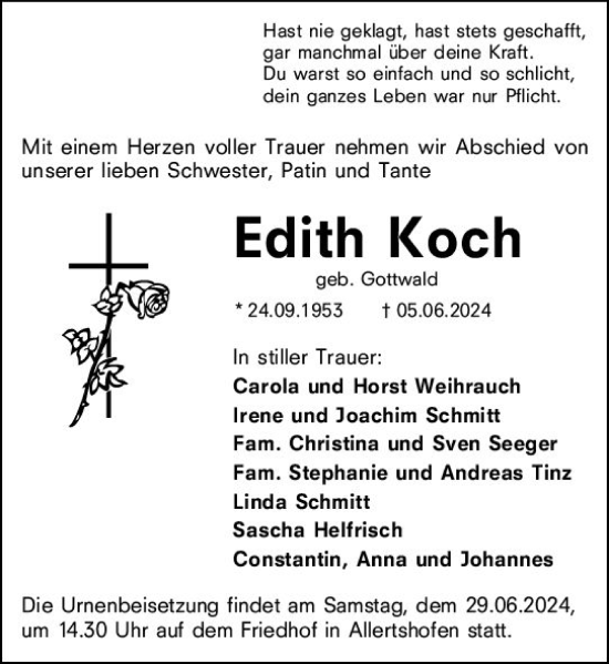 Traueranzeige von Edith Koch von Darmstädter Echo