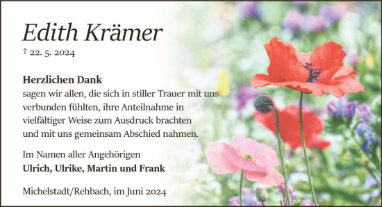 Traueranzeige von Edith Krämer von Odenwälder Echo