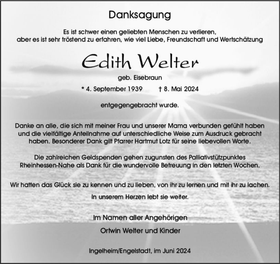 Traueranzeige von Edith Welter von Allgemeine Zeitung Bingen/Ingelheim