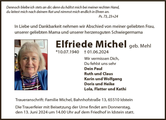 Traueranzeige von Elfriede Michel von Idsteiner Land/Untertaunus