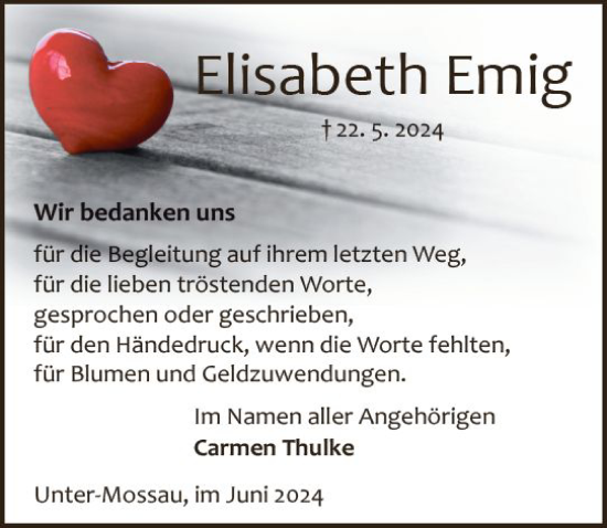 Traueranzeige von Elisabeth Emig von Odenwälder Echo