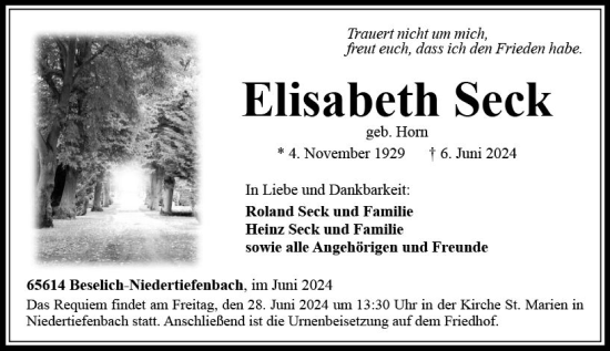 Traueranzeige von Elisabeth Seck von Nassauische Neue Presse