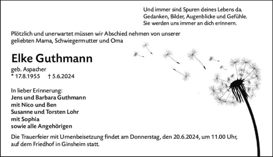 Traueranzeige von Elke Guthmann von Rüsselsheimer Echo