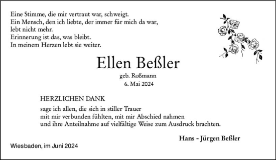 Traueranzeige von Ellen Beßler von Wiesbadener Kurier