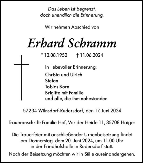 Traueranzeige von Erhard Schramm von Dill Block