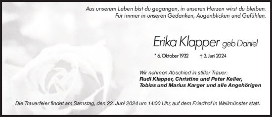 Traueranzeige von Erika Klapper von Weilburger Tageblatt