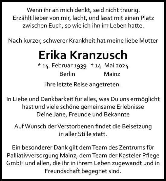 Traueranzeige von Erika Kranzusch von Allgemeine Zeitung Mainz