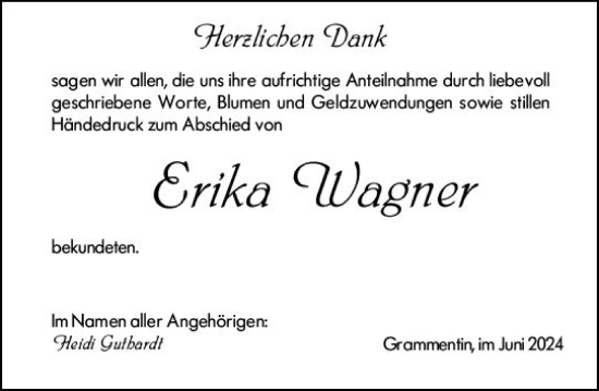 Traueranzeige von Erika Wagner von Hinterländer Anzeiger