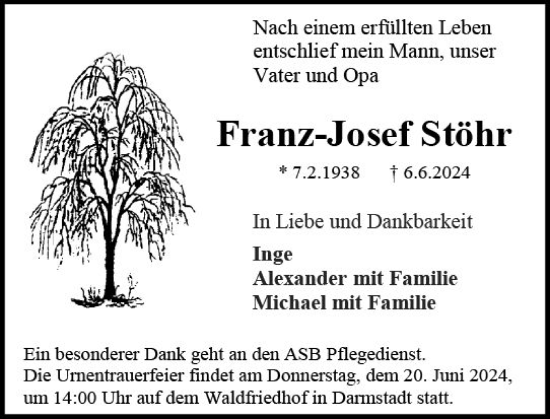 Traueranzeige von Franz-Josef Stöhr von Darmstädter Echo