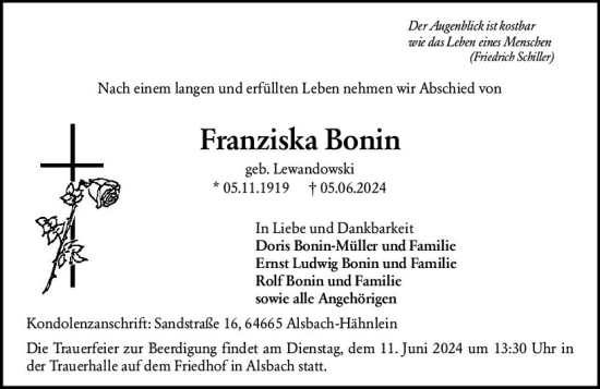 Traueranzeige von Franziska Bonin von Darmstädter Echo