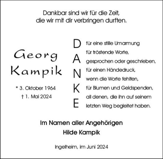 Traueranzeige von Georg Kampik von Allgemeine Zeitung Bingen/Ingelheim