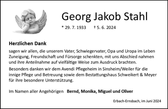 Traueranzeige von Georg Jakob Stahl von Odenwälder Echo