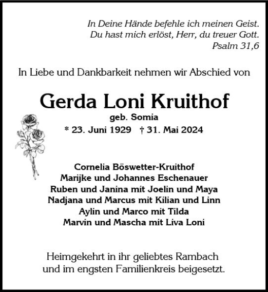 Traueranzeige von Gerda Loni Kruithof von Wiesbadener Kurier